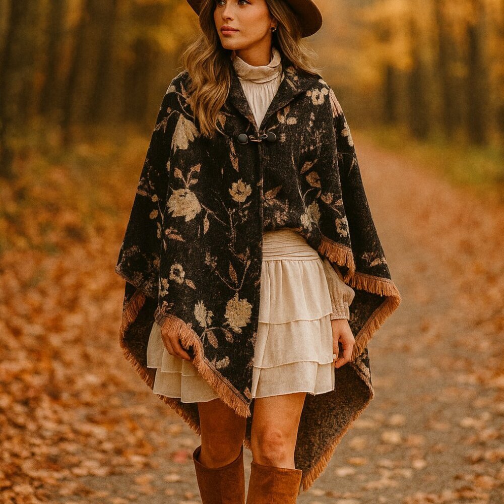 Marc New York Brown & Cream Floral Shrug Sweater Boho Western Fringe Heritage - Picture 1 of 9